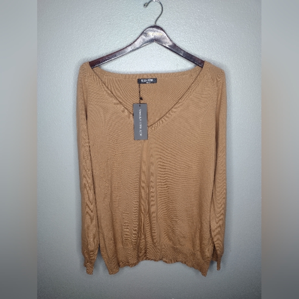 Kallspin Men's V-neck Sweater XXL Tan Cotton Preppy Academia Tight Knit HG1